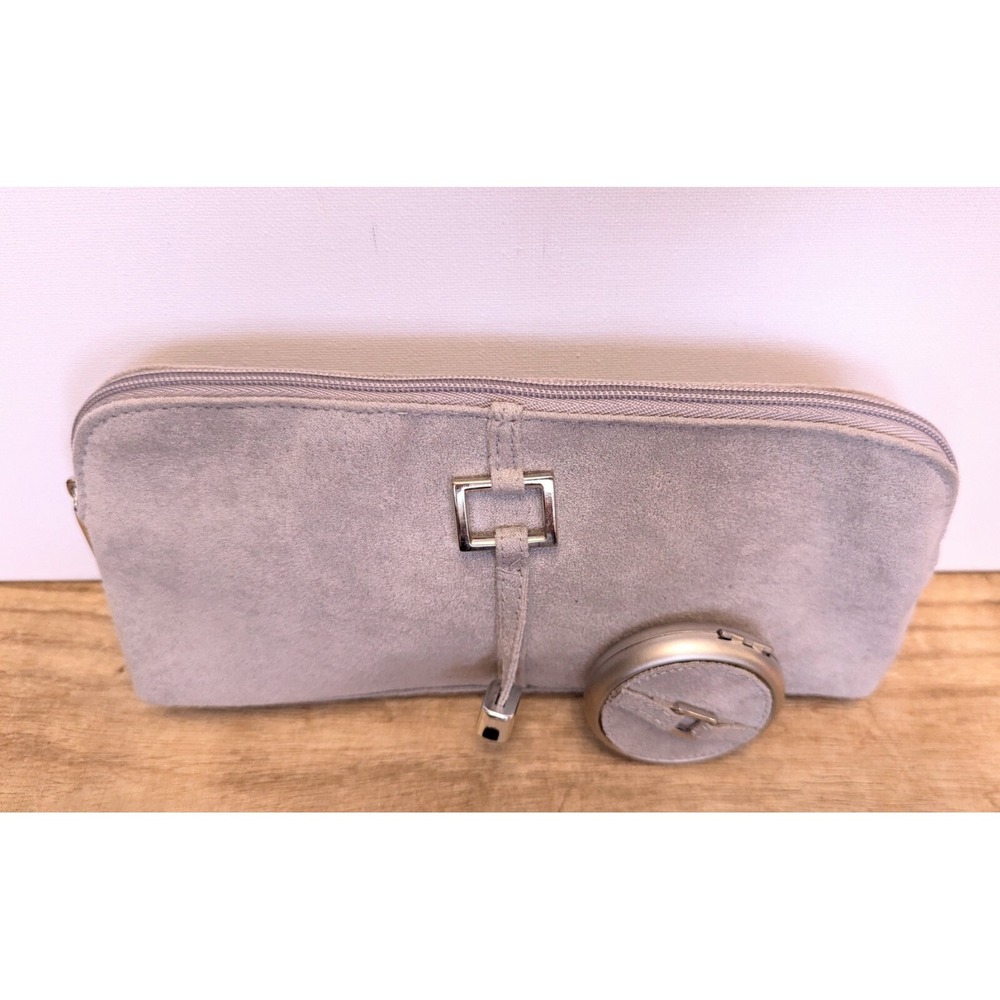 Estee Lauder Faux Suede Gray Cosmetic Zipper Bag Pouch Clutch + Travel Mirror - Picture 2 of 11